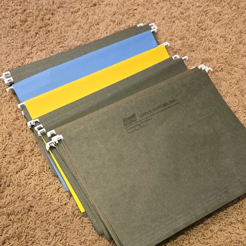 Hanging File Folders in Olive Green, Yellow, Blue
